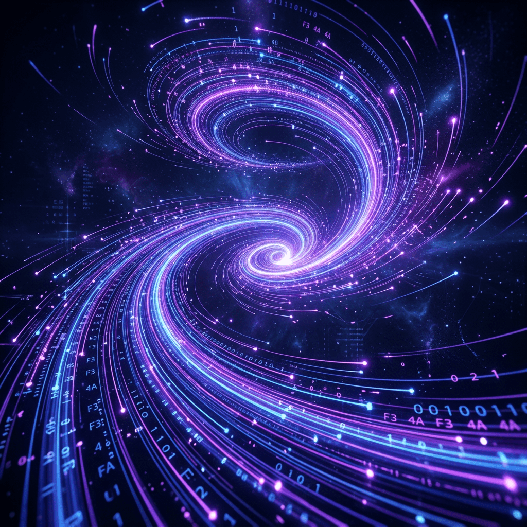 Swirling digital vortex with glowing binary code and data streams.