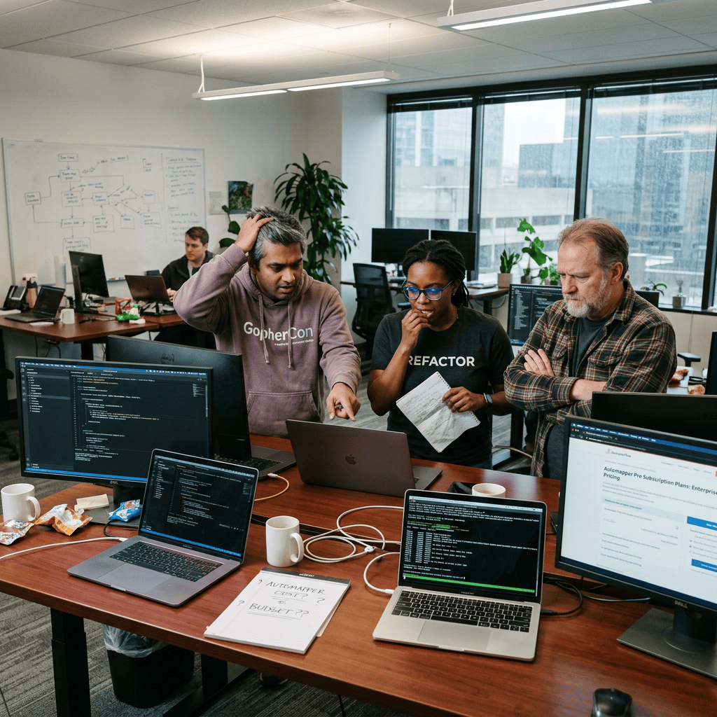 Three developers collaborate around laptops displaying code and project notes